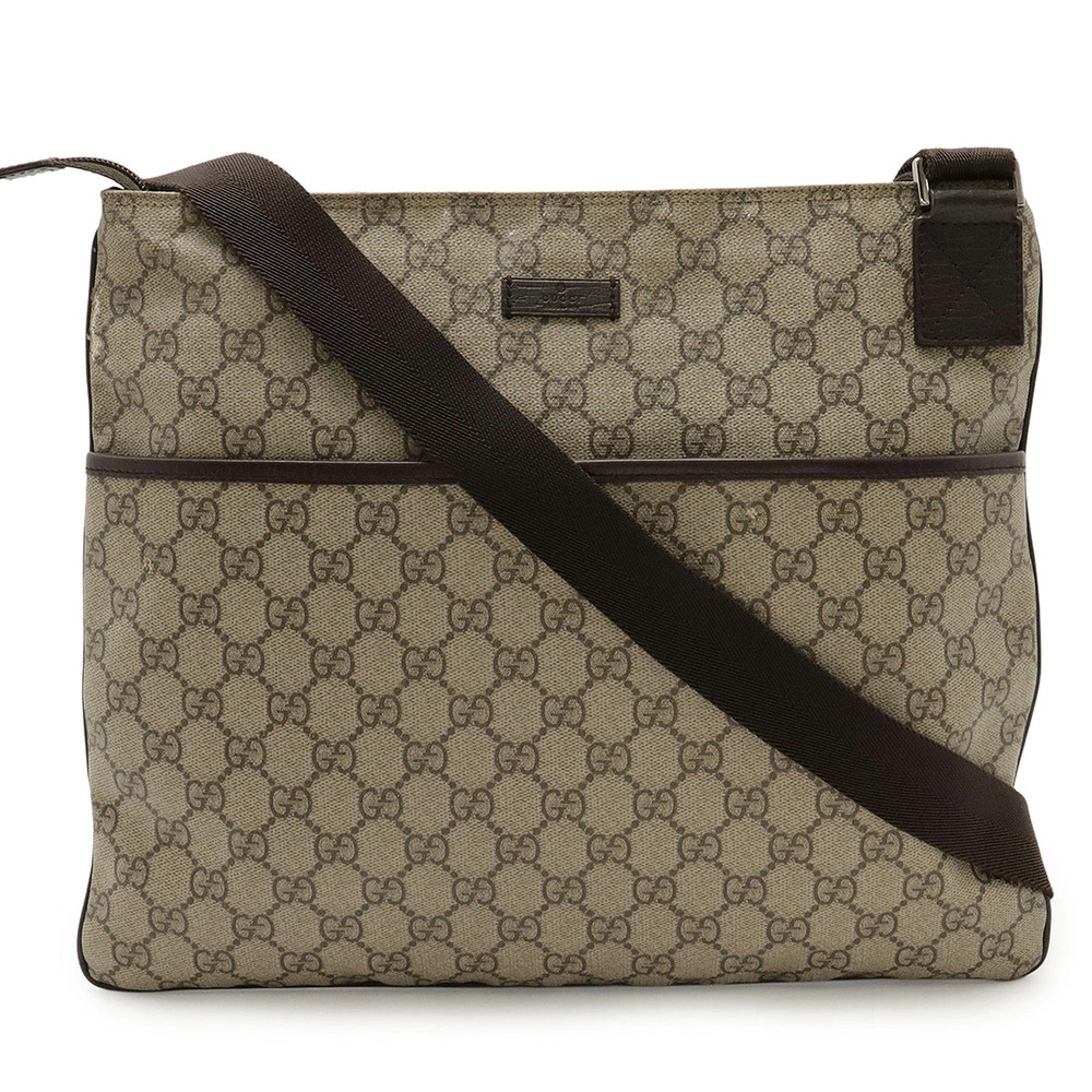 Gucci GG Supreme Plus Crossbody Bag Gusset Leather Beige Cream Dark Brown